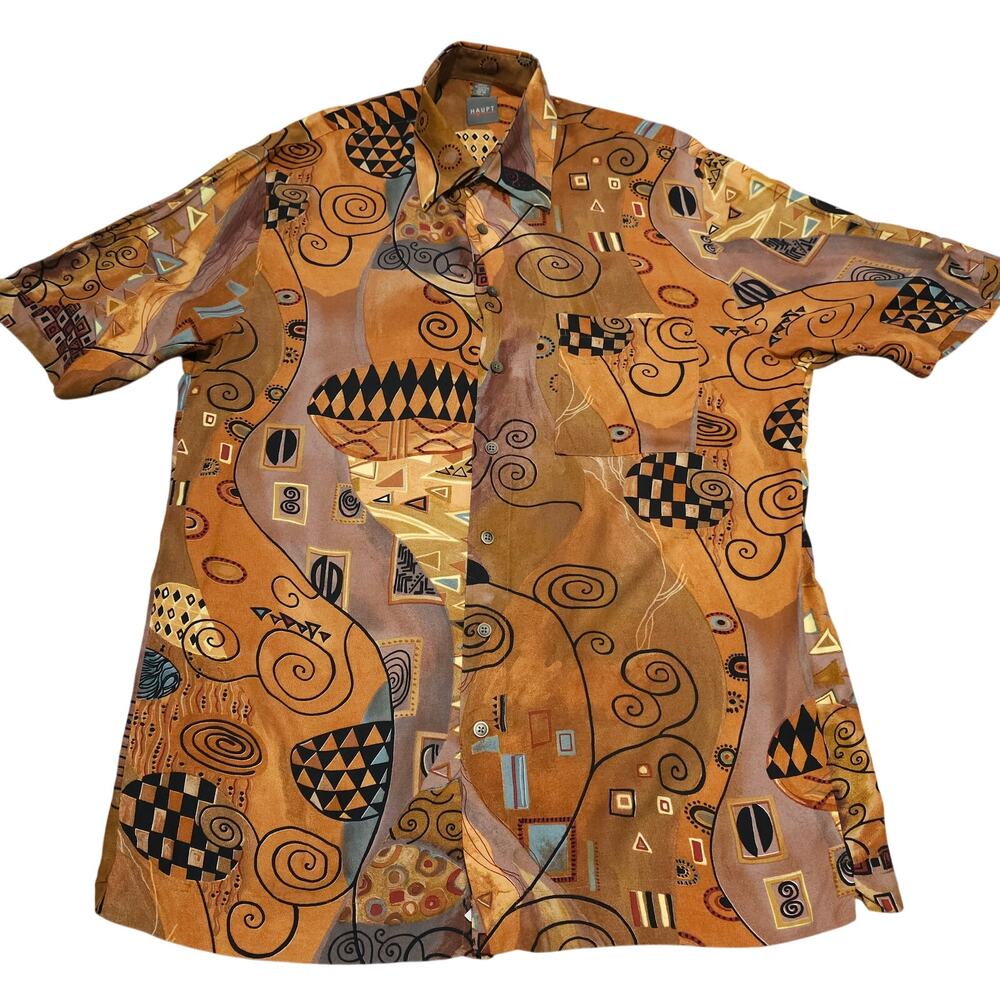 HAUPT Mens Shirt 39 M Abstract Geometric Button Up Brown Art Print Short Sleeve